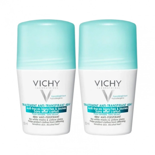 Vichy Desodorizante Roll-On Antitranspirante 48H Antimanchas 50mlx2 - 50% 2ª Unidade